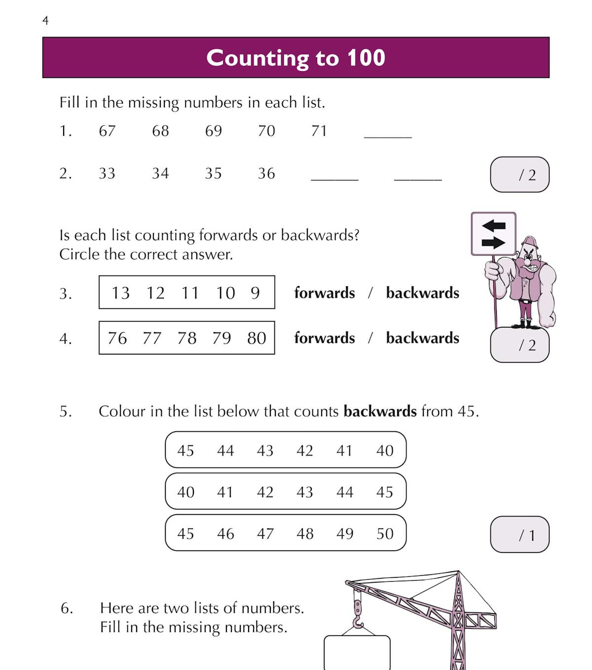 Sample page showing Number Knowledge exercises including matching words to numbers and writing numbers in words and digits