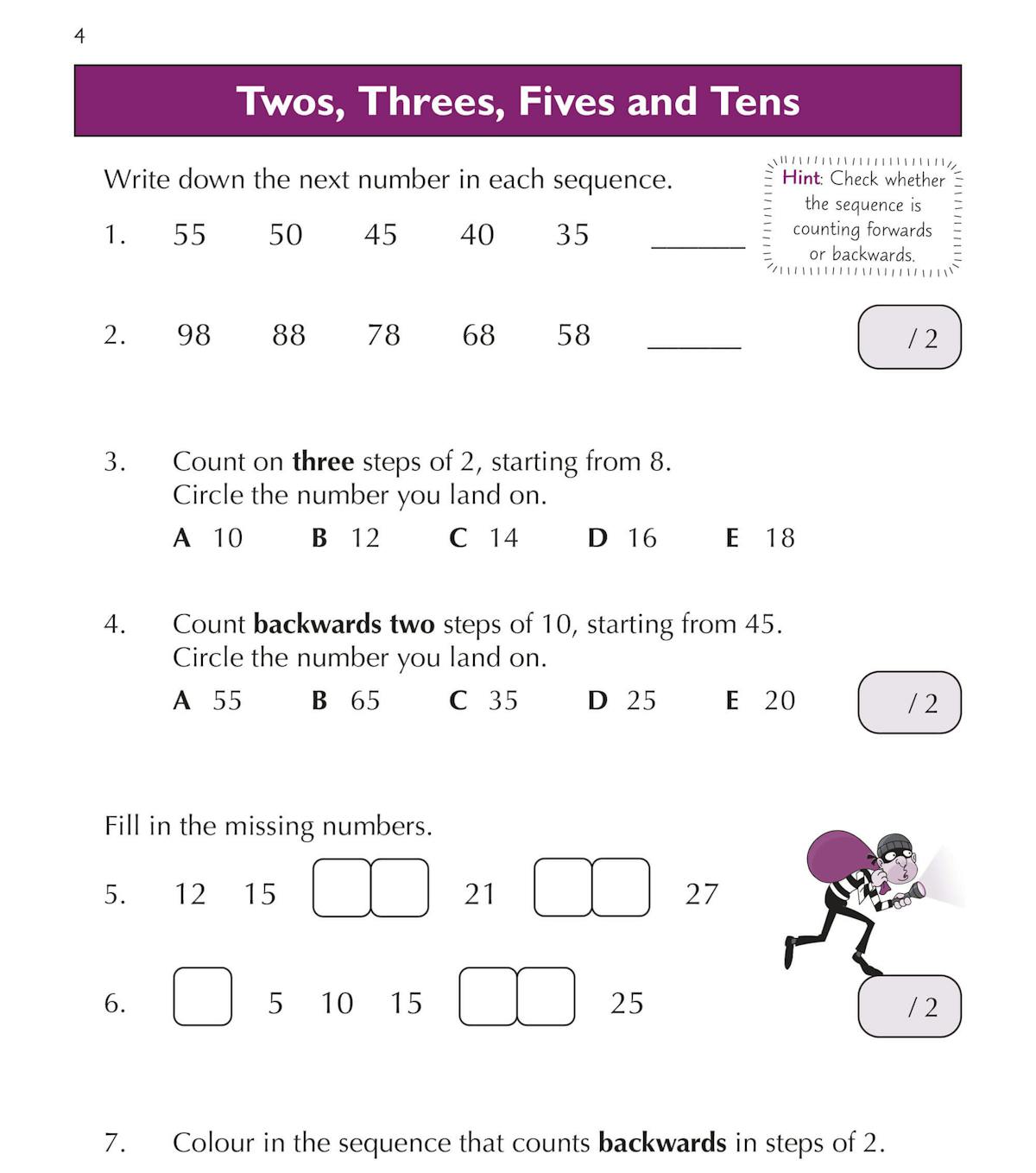 Practice page featuring sequences, counting in steps, and missing number questions