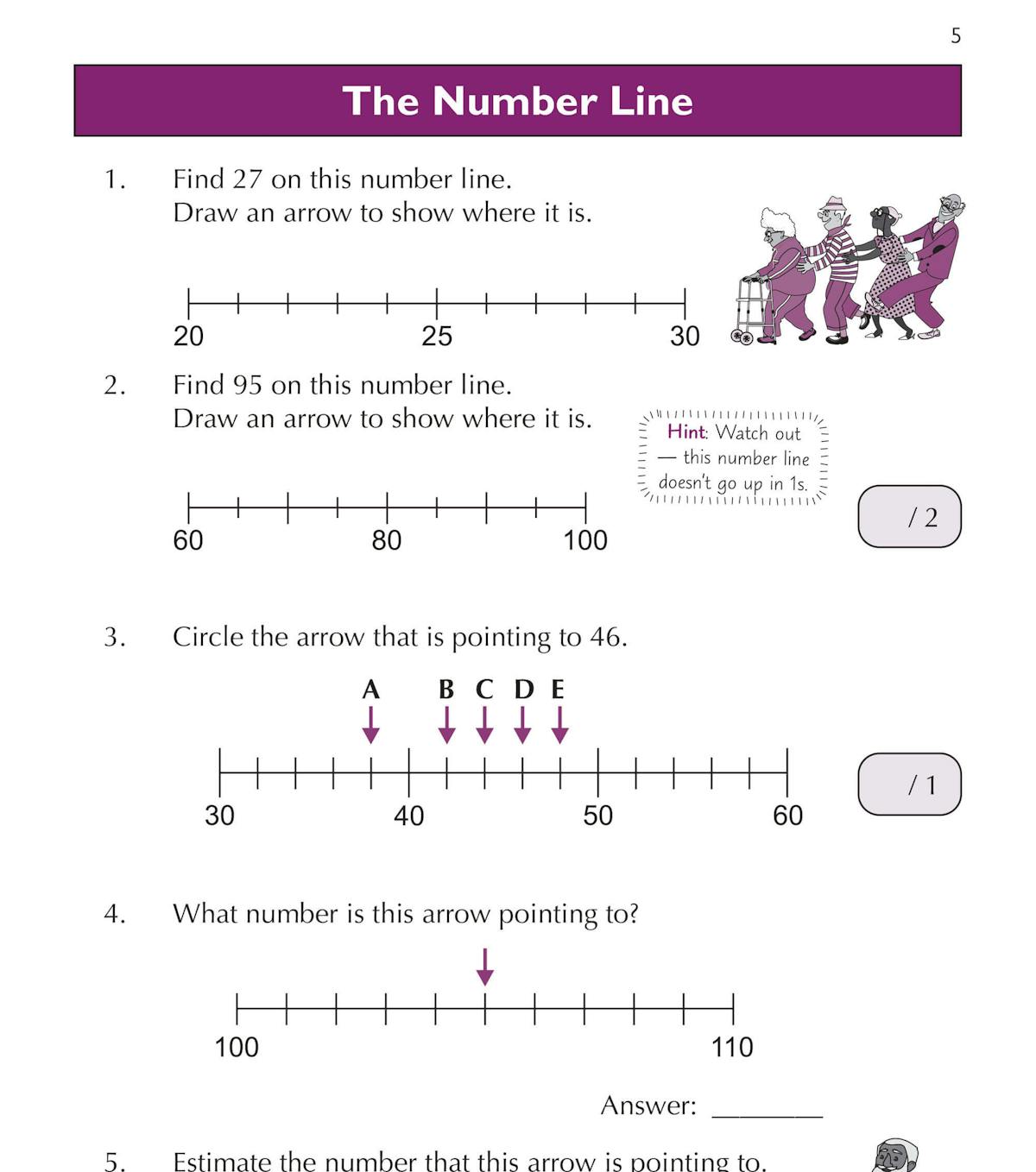Sample page showing number line exercises with colourful illustrations