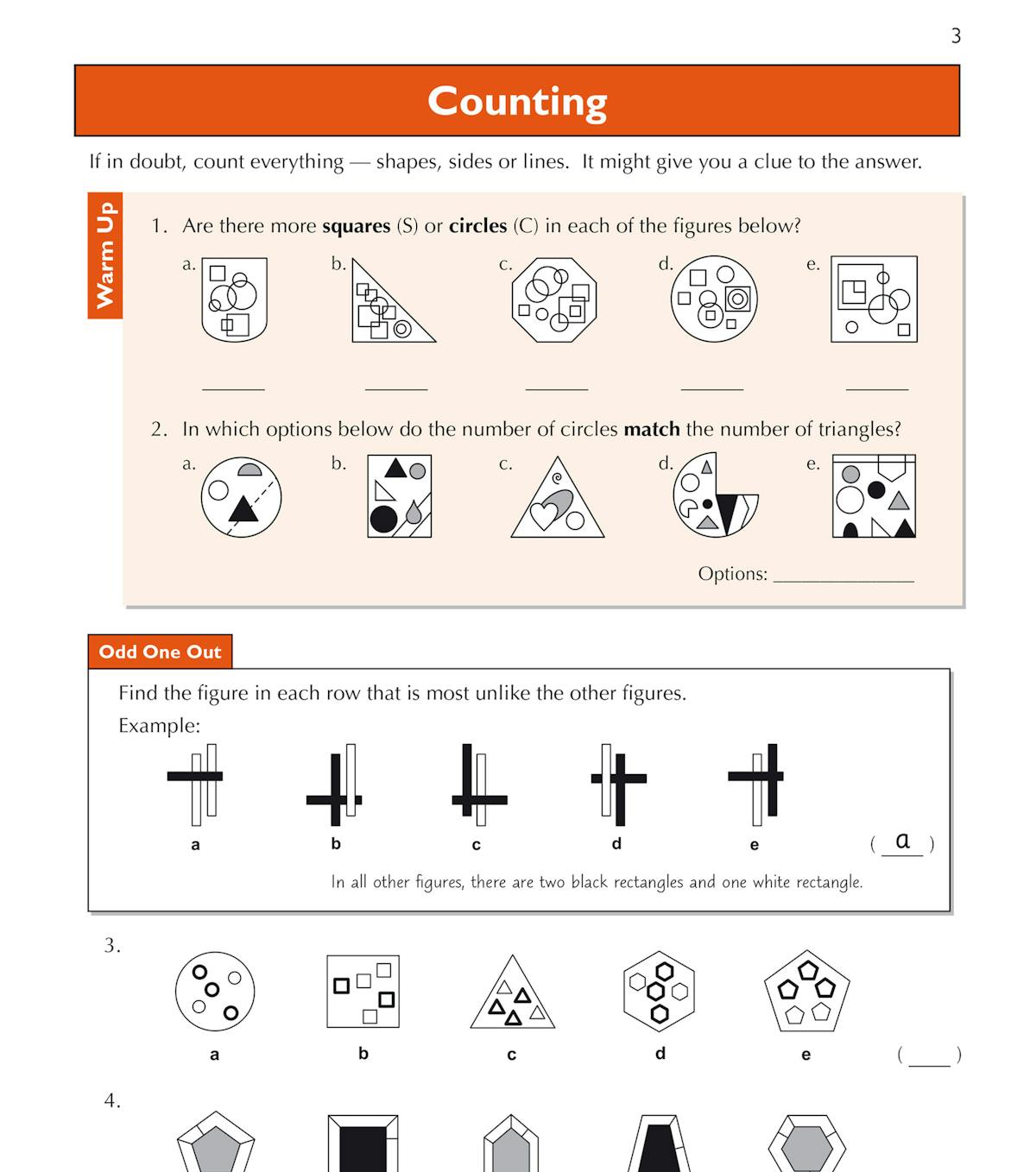 Sample pages showing counting and odd one out non-verbal reasoning questions with worked examples