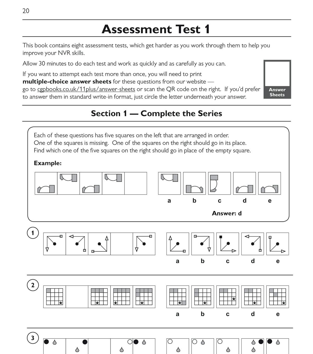 Assessment test page featuring complete the series and grid-based non-verbal reasoning questions