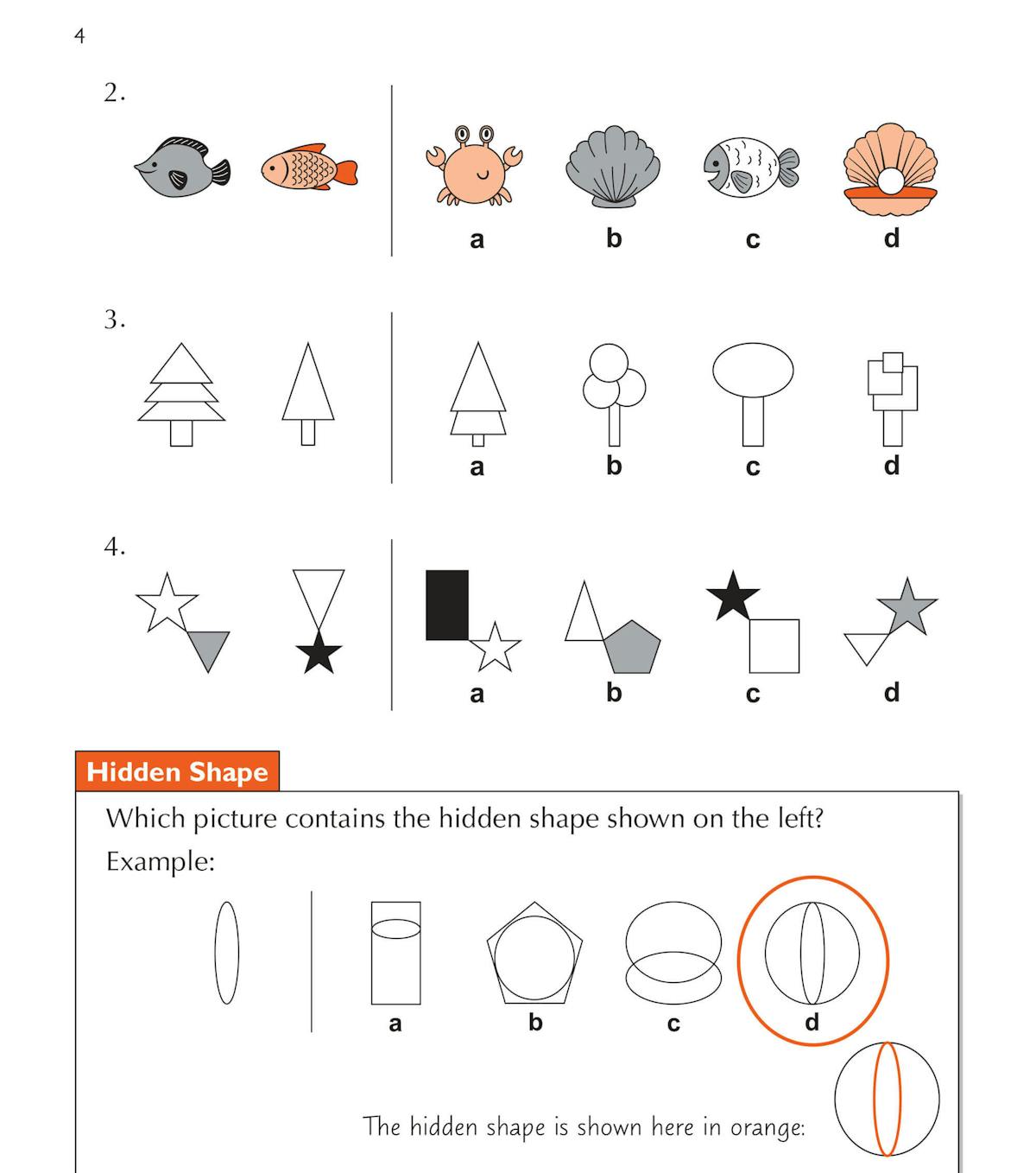 Inside page showing hidden shape questions with colourful worked examples and practice questions