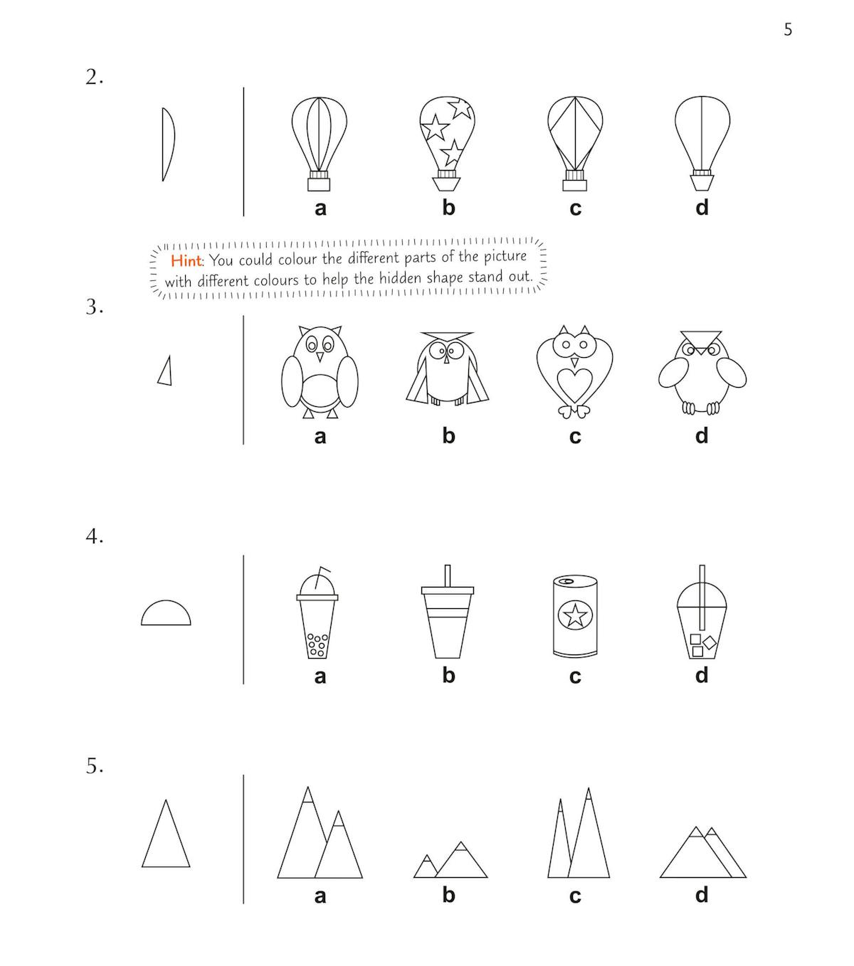 Practice page showing shapes and spotting patterns with hot air balloons, owls, drinks, and triangles