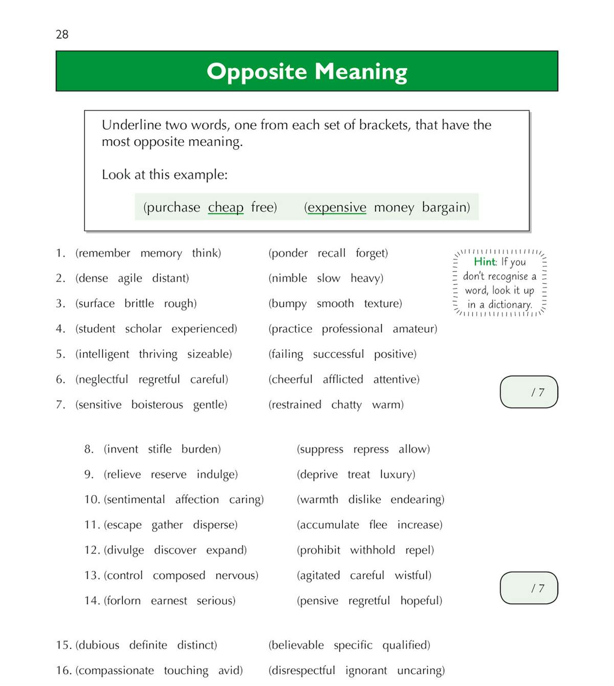 Inside pages showing Closest Meaning and Opposite Meaning verbal reasoning exercises with worked examples