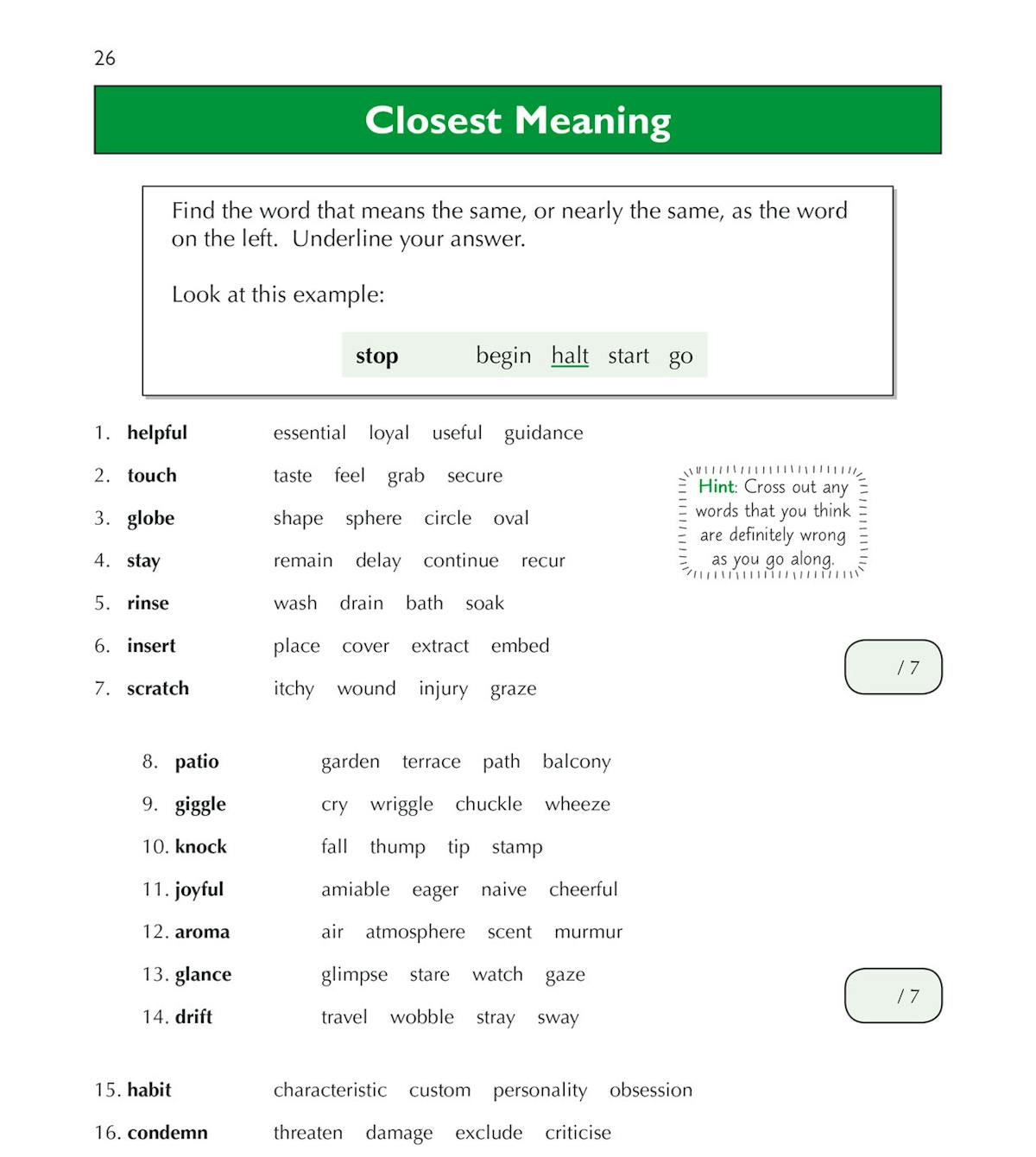 Sample page displaying Opposite Meaning questions with word pairs in brackets and hint boxes