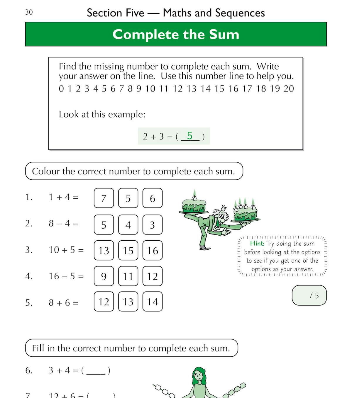 Sample inside pages showing letter-coded sums and complete the sum exercises with colourful illustrations