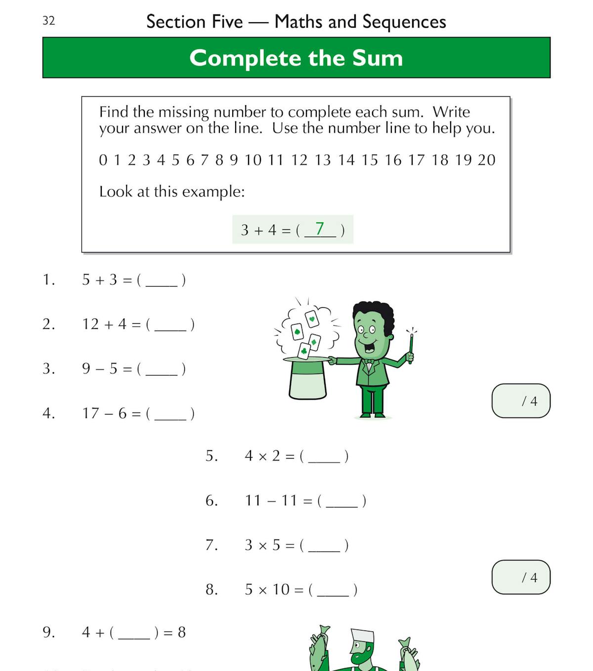 Complete the sum exercise page with number lines and worked examples for early maths skills