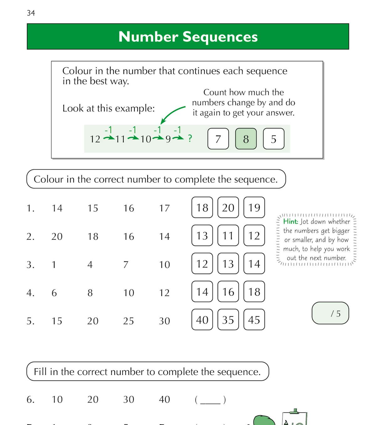 Number sequences exercise page showing step-by-step examples and practice questions for Year 2 pupils