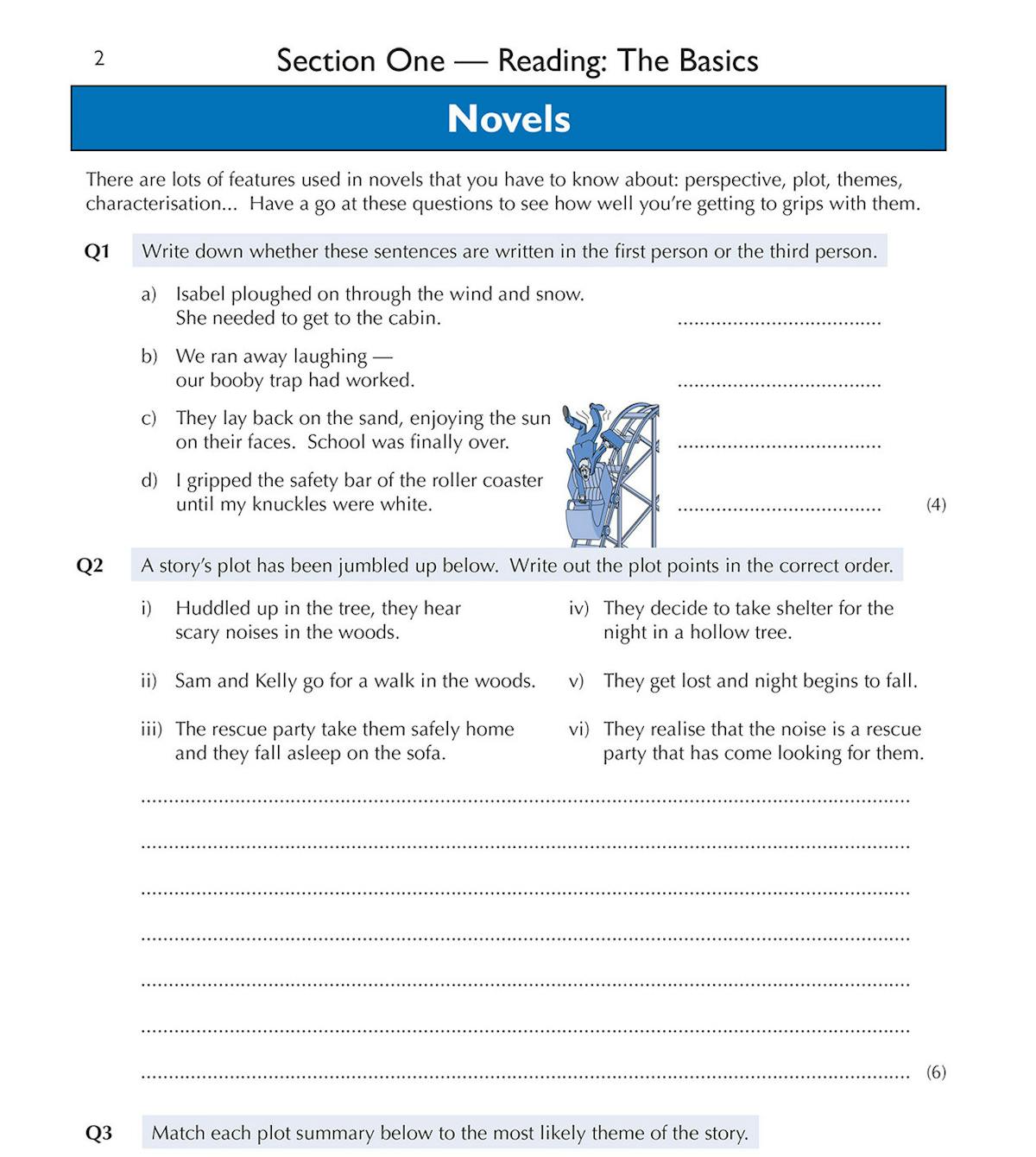 Inside pages showing reading comprehension questions on novels including character analysis and plot sequencing