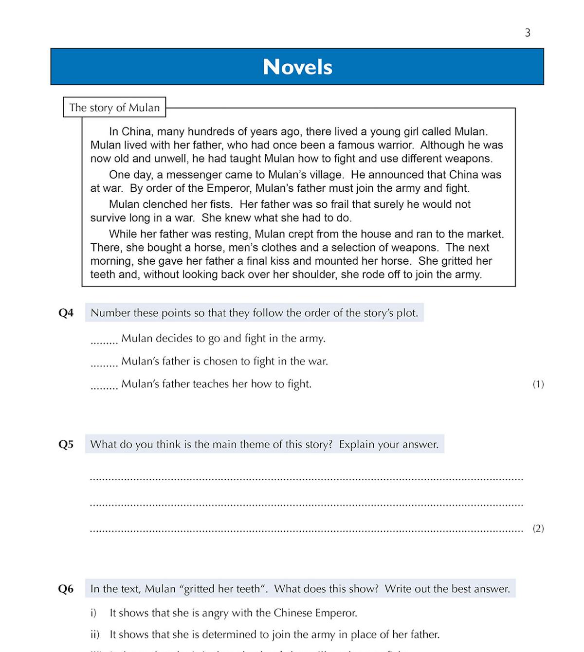 Sample page from the workbook displaying a narrative passage followed by inference and textual analysis questions