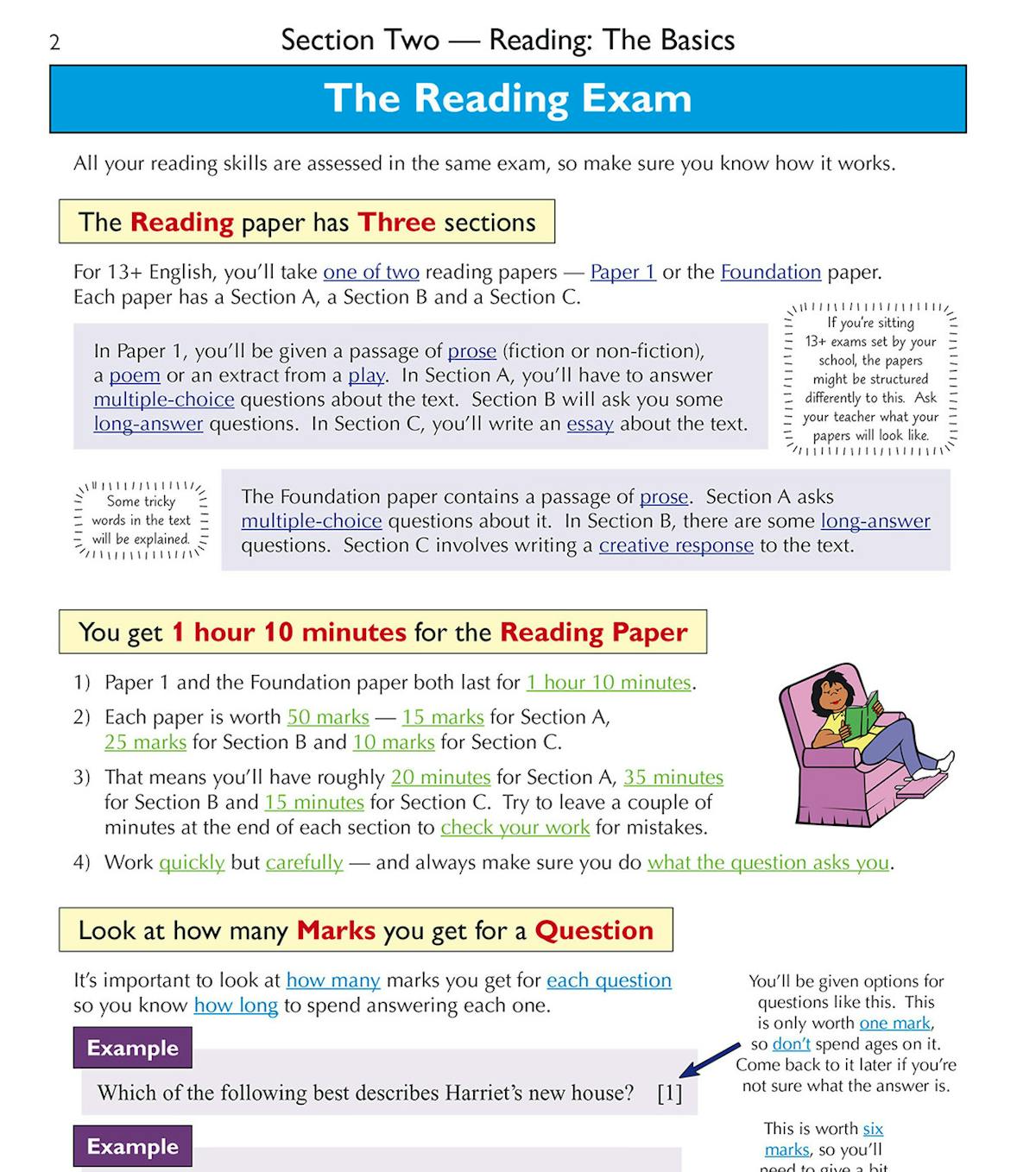 Inside page showing Reading Exam structure with timing and mark allocation