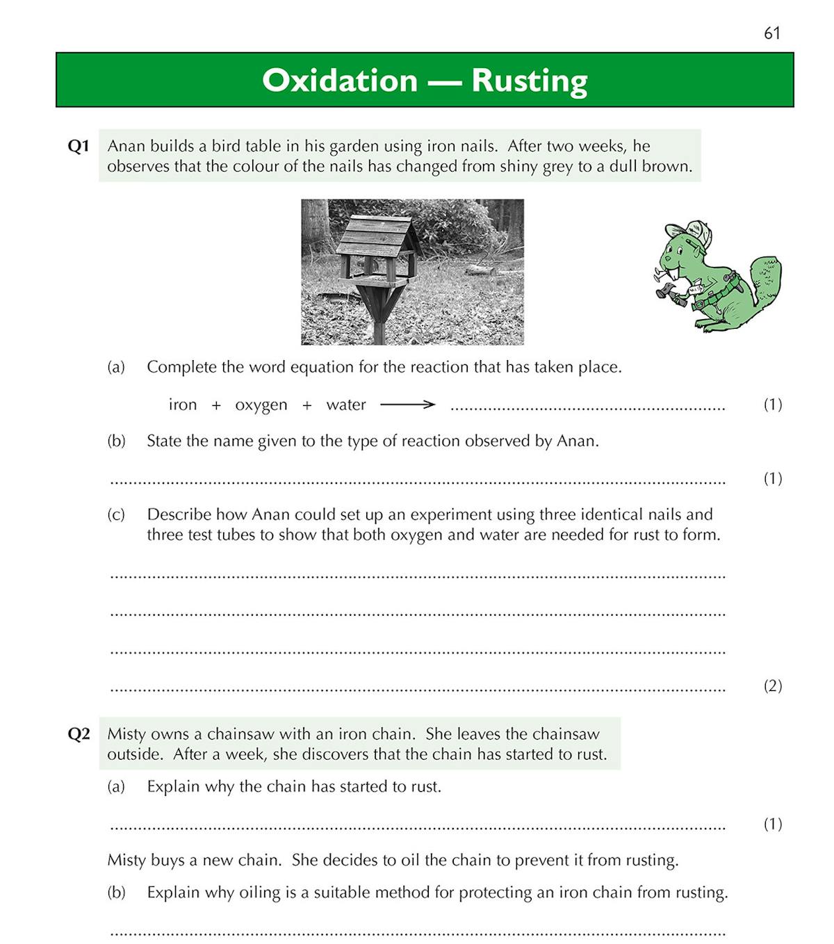 Additional sample page from the 13+ Science Exam Practice Workbook demonstrating oxidation and rusting questions