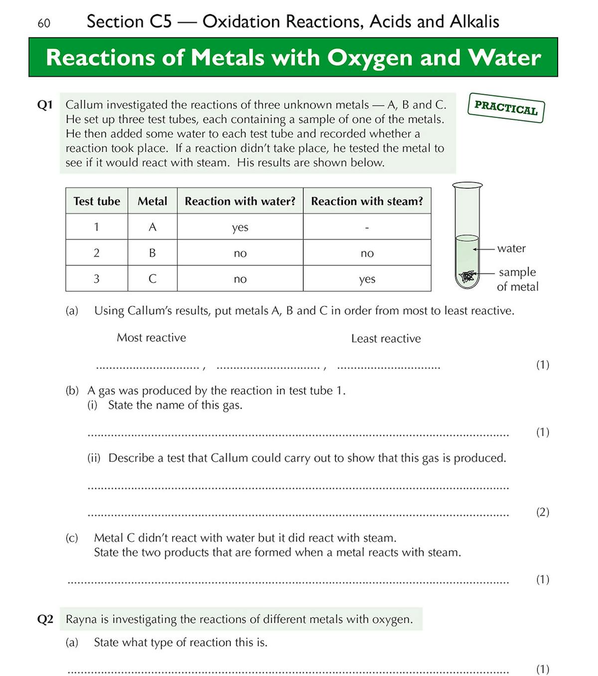 Sample pages from the 13+ Science Exam Practice Workbook showing reactions of metals with oxygen and water