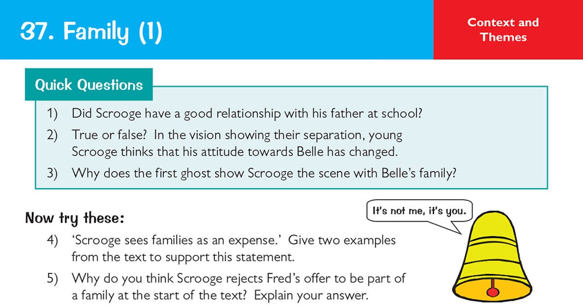 Question card covering the theme of family in A Christmas Carol