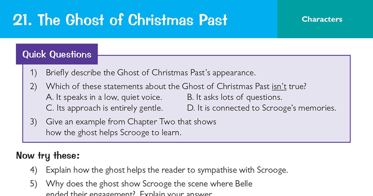 Sample question card showing questions about the Ghost of Christmas Past
