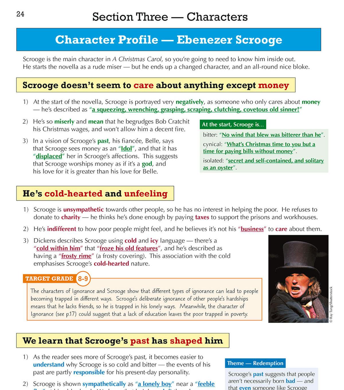 Character profile page showing Ebenezer Scrooge analysis with highlighted quotes and exam tips