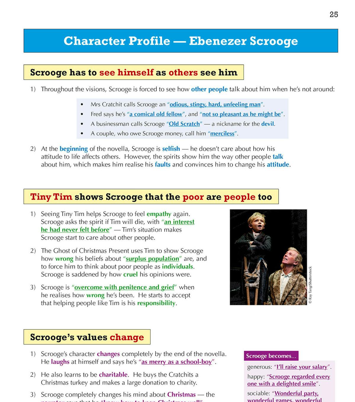 Page showing how Scrooge's values change with highlighted text and exam tip box