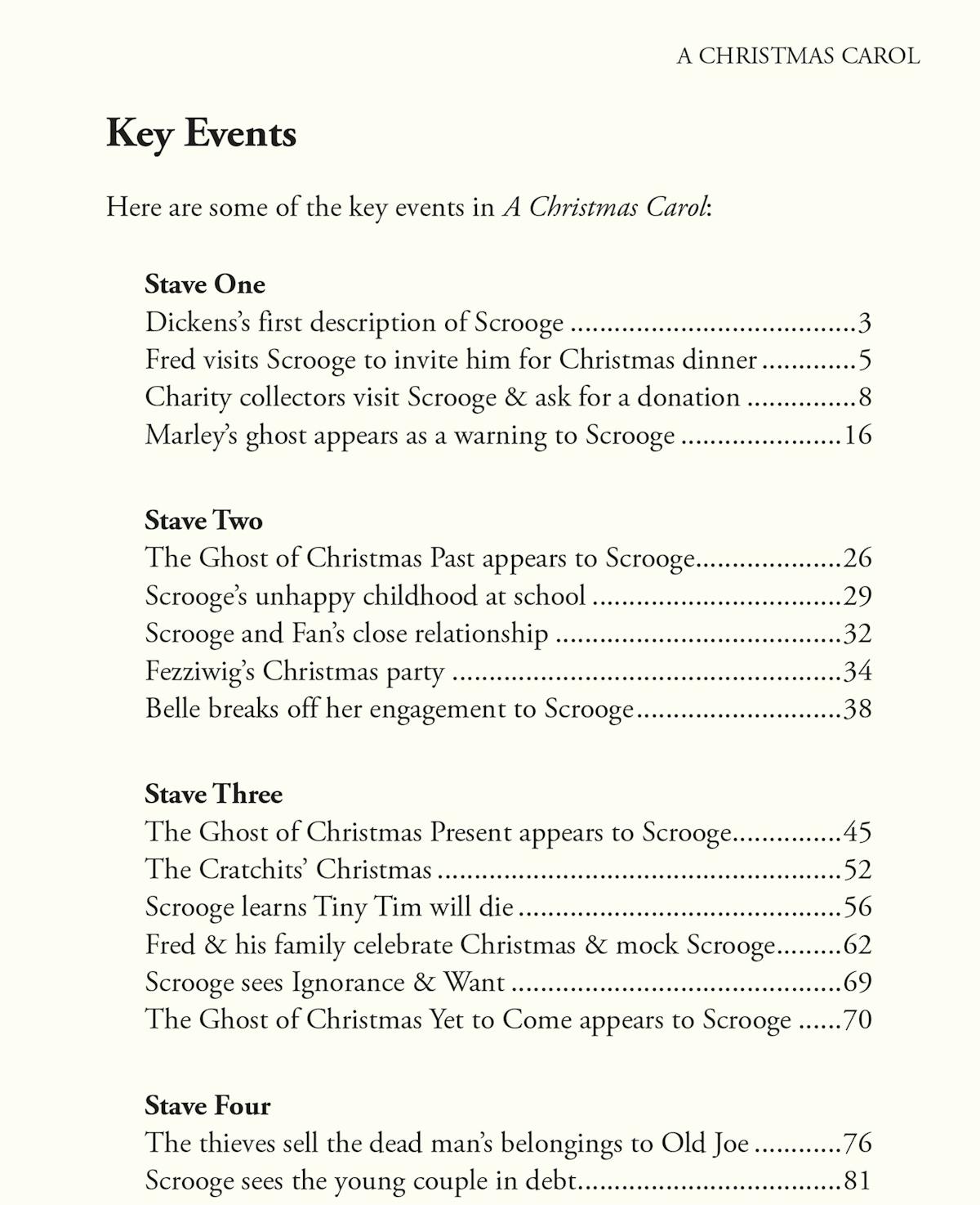 Key Events page listing major plot points by Stave with page references