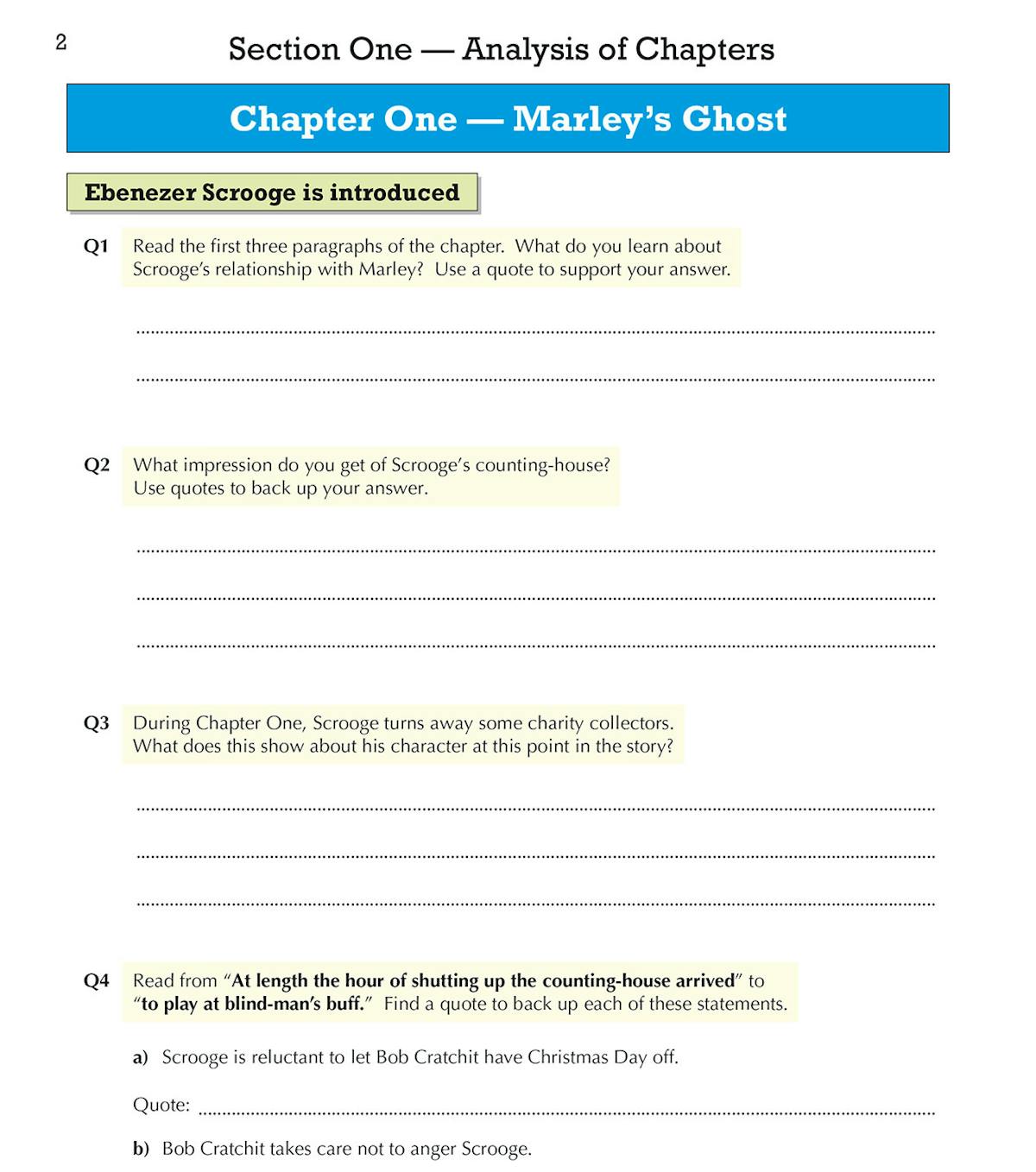 Chapter-by-chapter analysis questions from the A Christmas Carol workbook