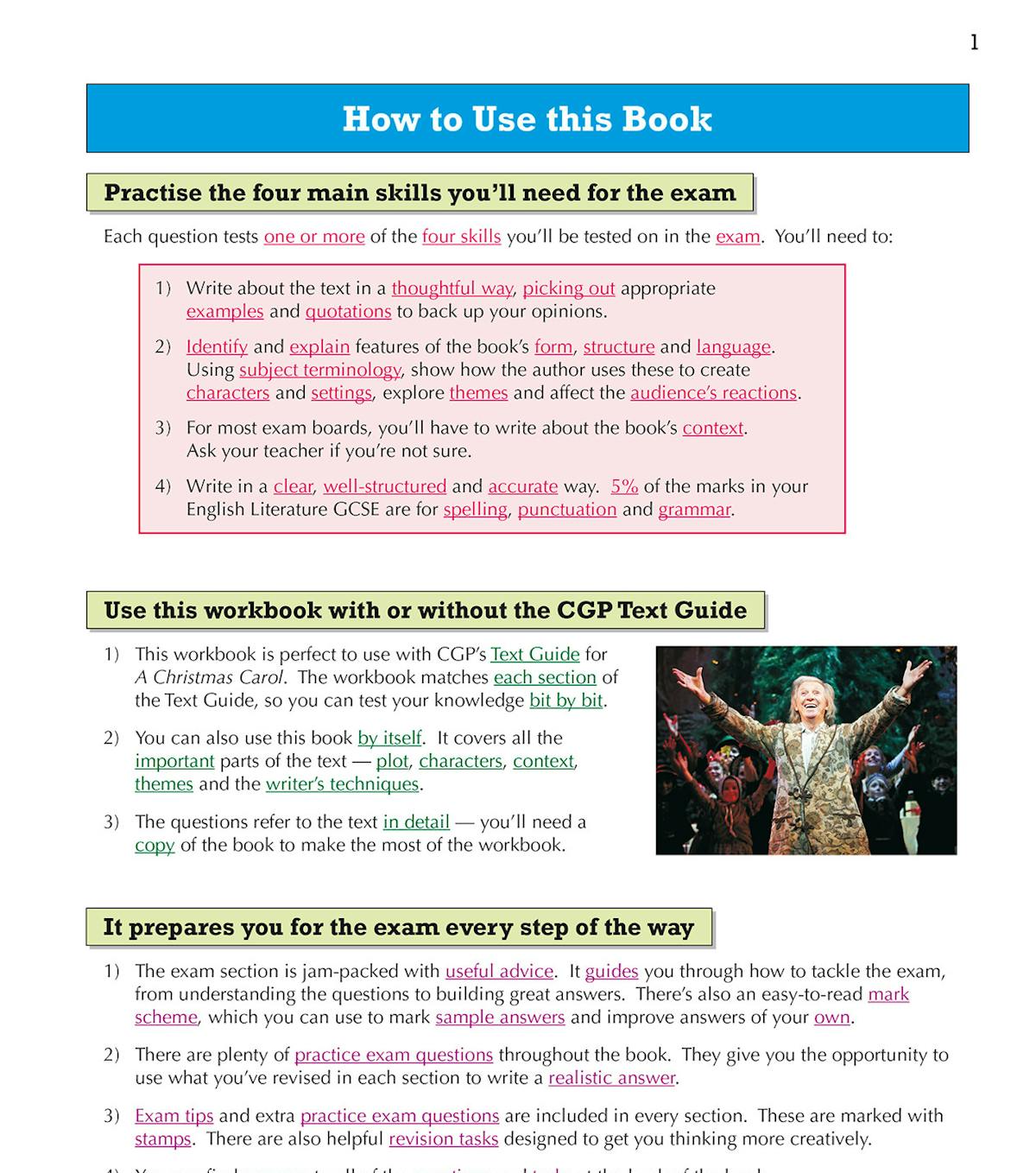 Contents page showing the workbook's clear structure including sections on writer's techniques and exam skills