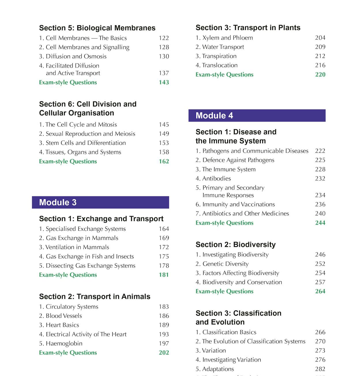 Contents page showing module structure and topic coverage for OCR A Biology