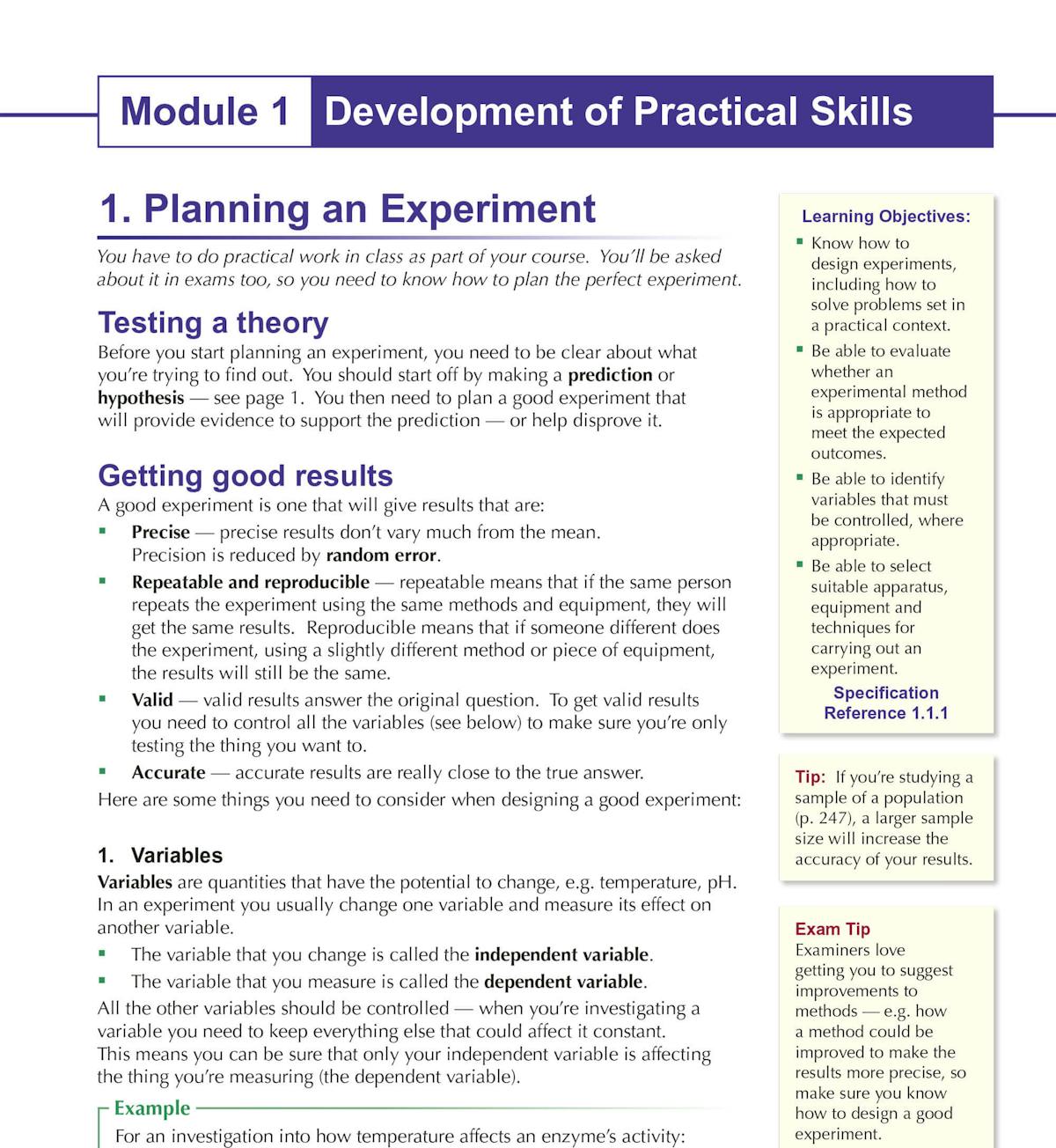 Sample page showing practical skills guidance from A-Level Biology for OCR A Student Book