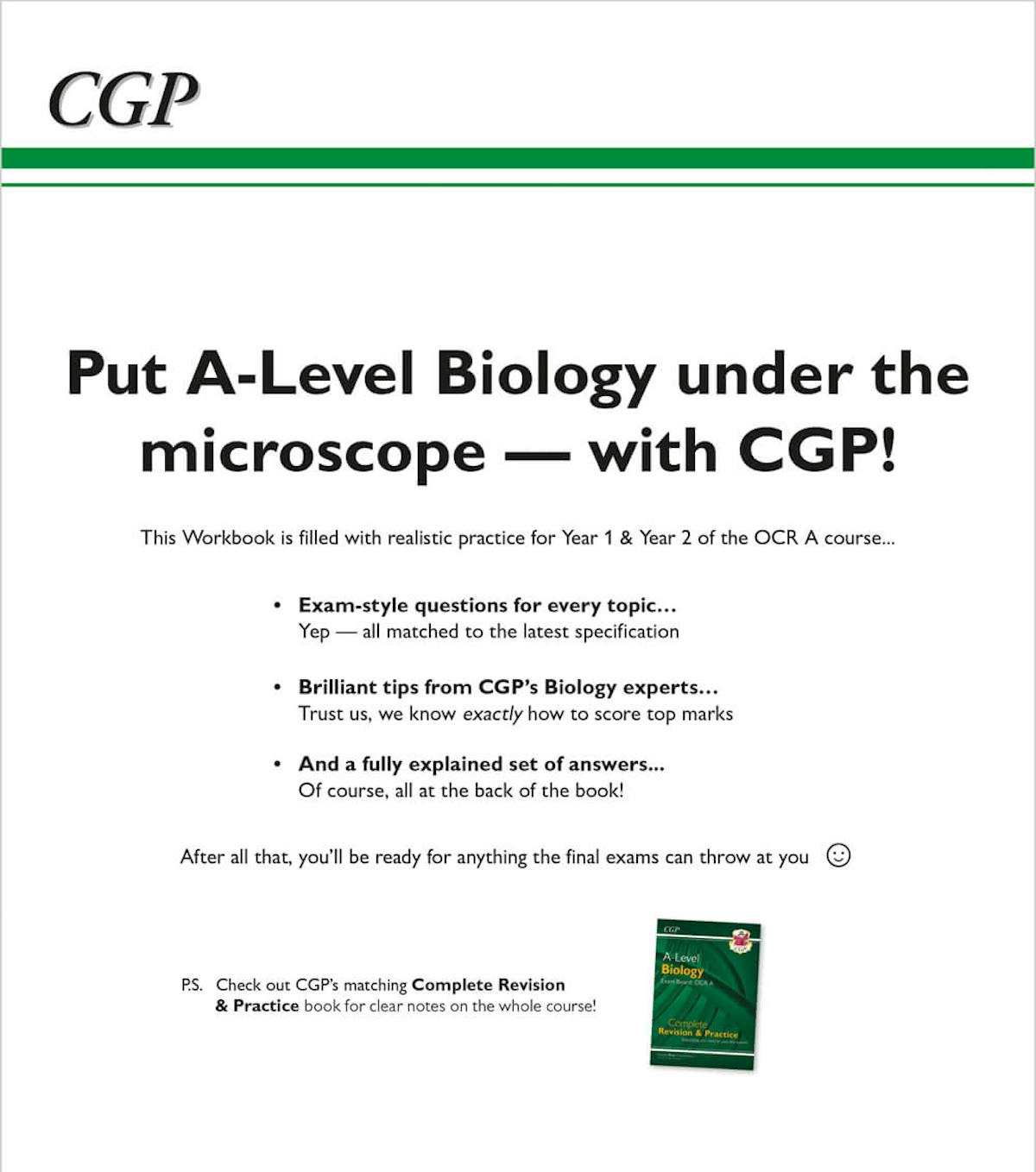 Back cover of the A-Level Biology OCR A Exam Practice Workbook showing course details and features