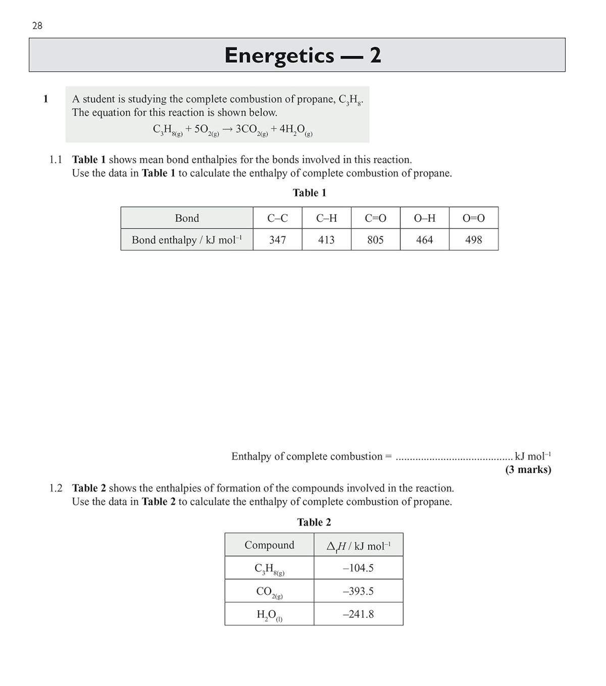 Sample page from the workbook showing exam-style questions on energetics