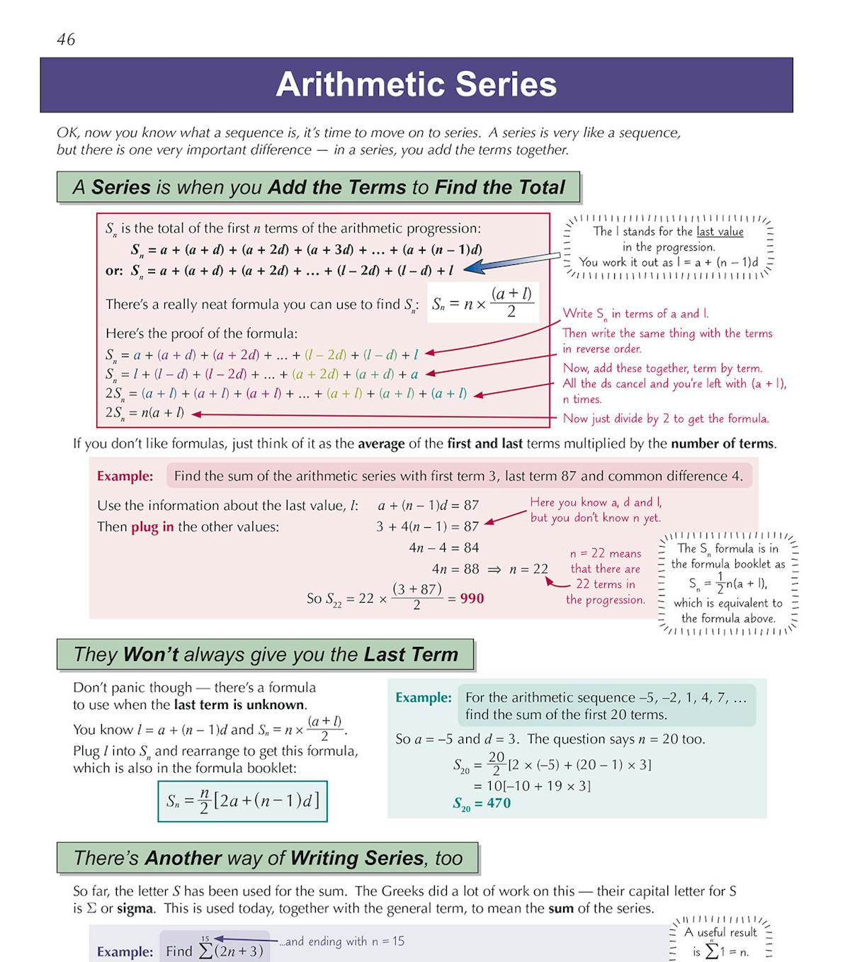 Page spread showing worked examples and revision notes for arithmetic series