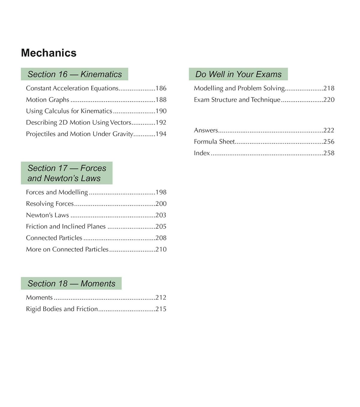 Contents page showing mechanics topics including kinematics, forces, and moments