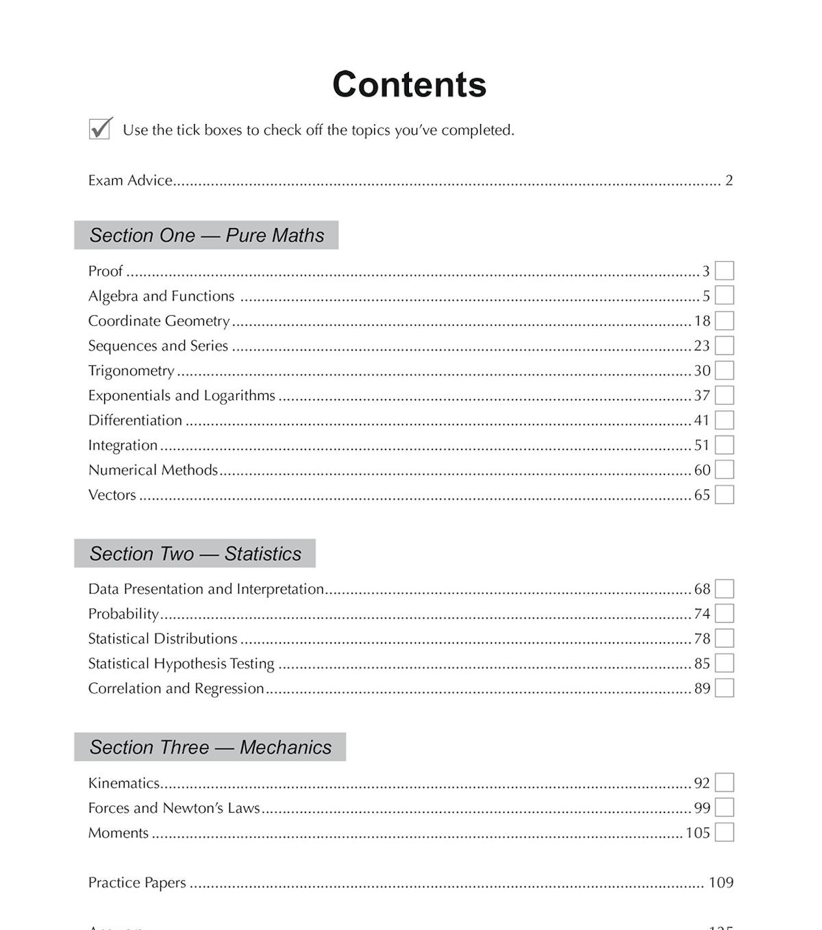Contents page showing the full topic breakdown and tick-box progress tracker