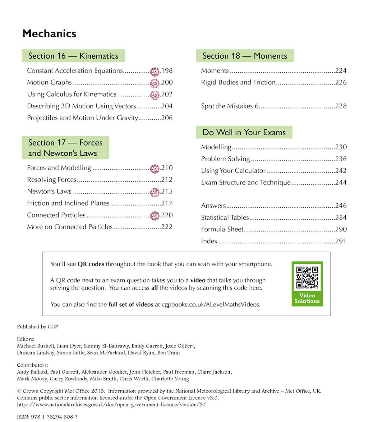 Contents page showing Mechanics section with Kinematics, Forces and Newton's Laws, plus video solutions feature