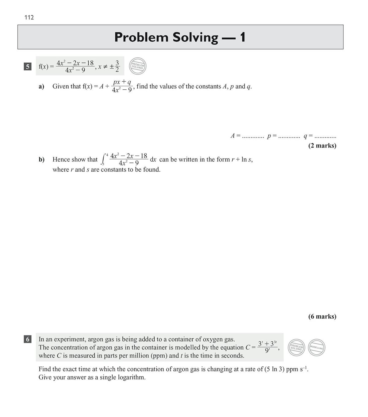 Sample problem-solving questions covering algebra and calculus