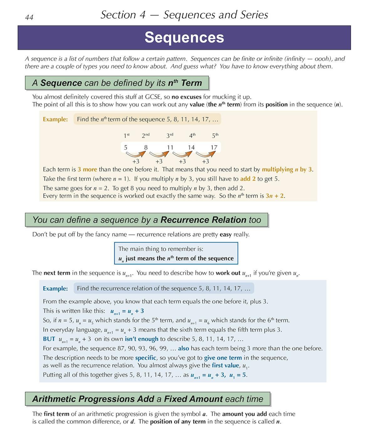 Page from A-Level Maths OCR revision book showing sequences and series notes