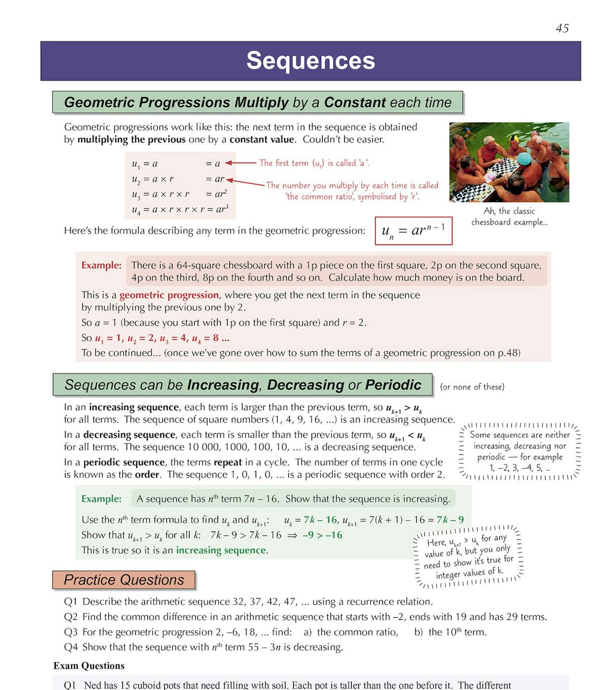 Page from A-Level Maths OCR revision book showing practice questions on sequences