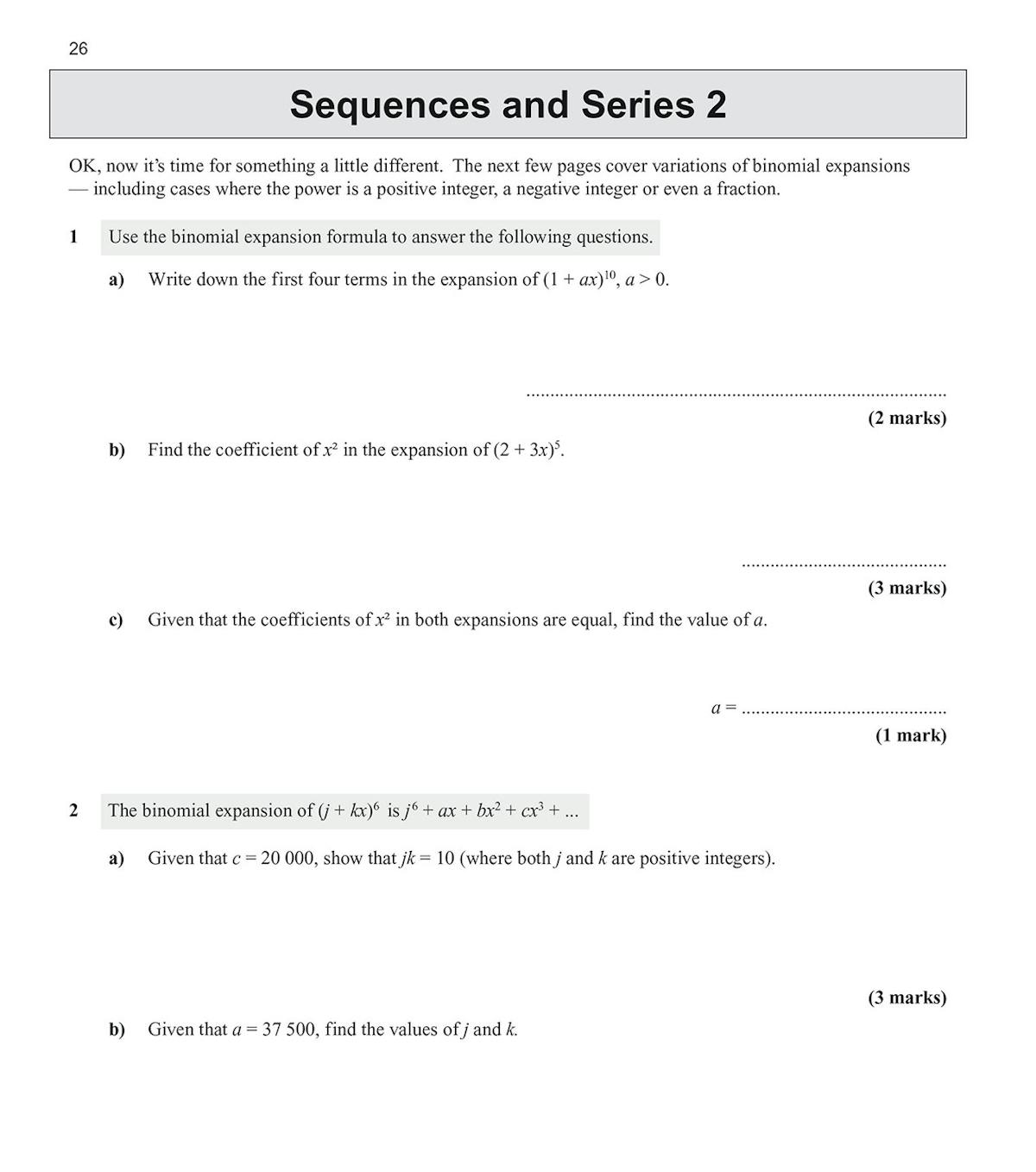 Inside pages showing sequences and series exam questions with worked solutions