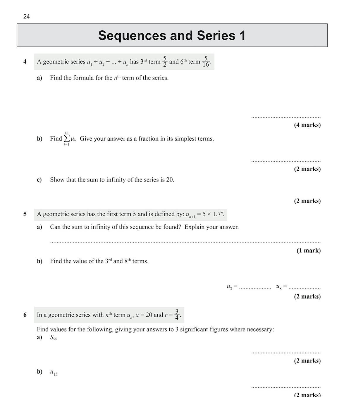 Further sequences and series practice questions with binomial expansion examples