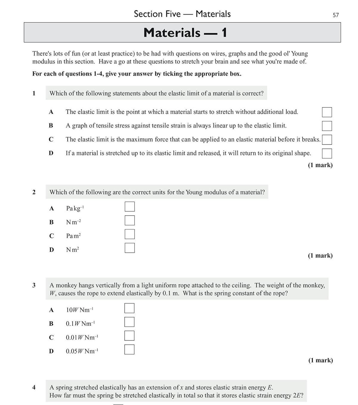 Materials section showing multiple-choice and calculation questions on Young modulus and elasticity