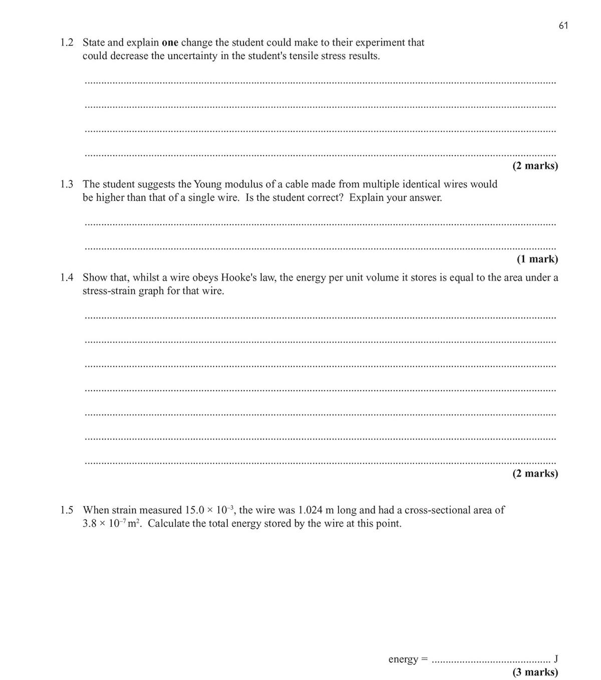 AQA AS-Level Physics Materials section with questions on stress, strain, and Young's modulus