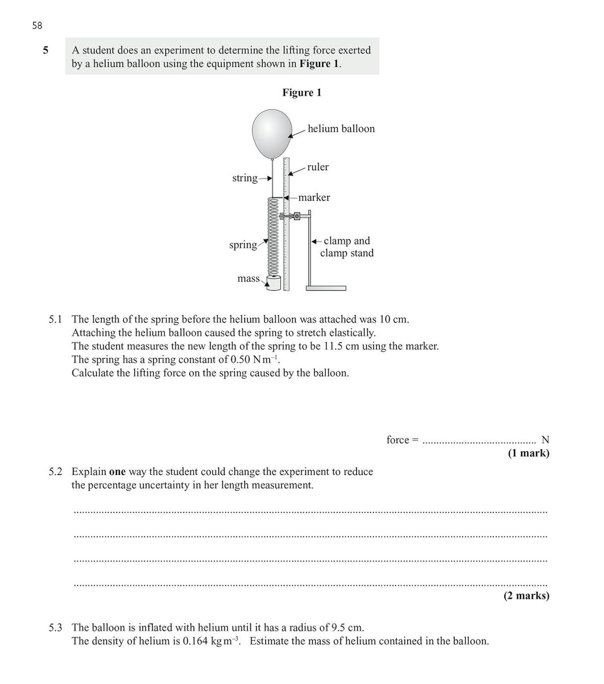 AQA AS-Level Physics exam question on helium balloon lifting force experiment