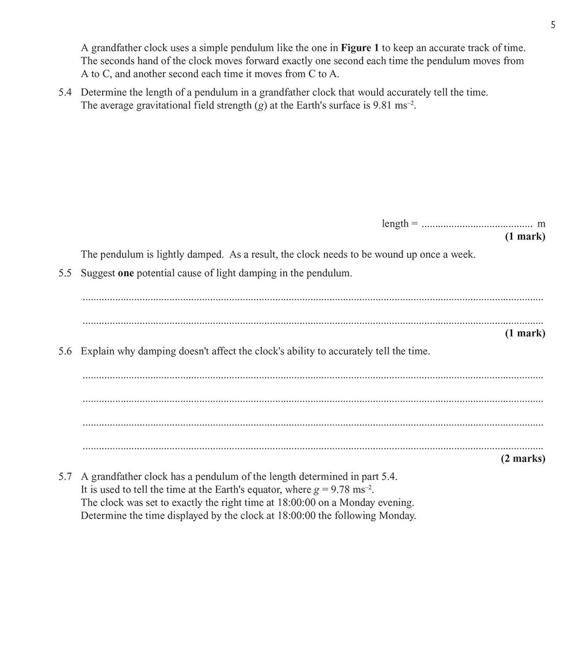 Sample question pages showing detailed physics problems with diagrams and mark allocations