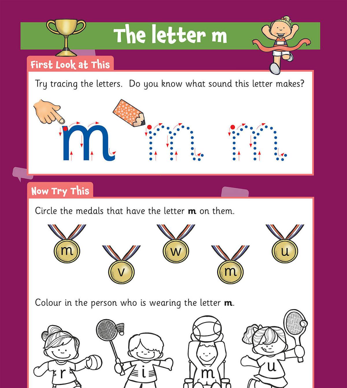 Letter m activity page with medal and character identification exercises