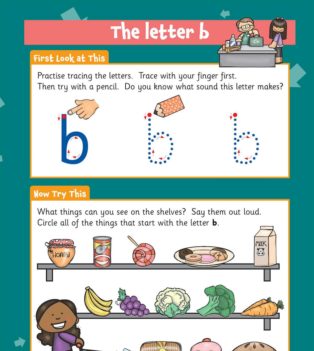 Letter b tracing and activity page with colourful illustrations
