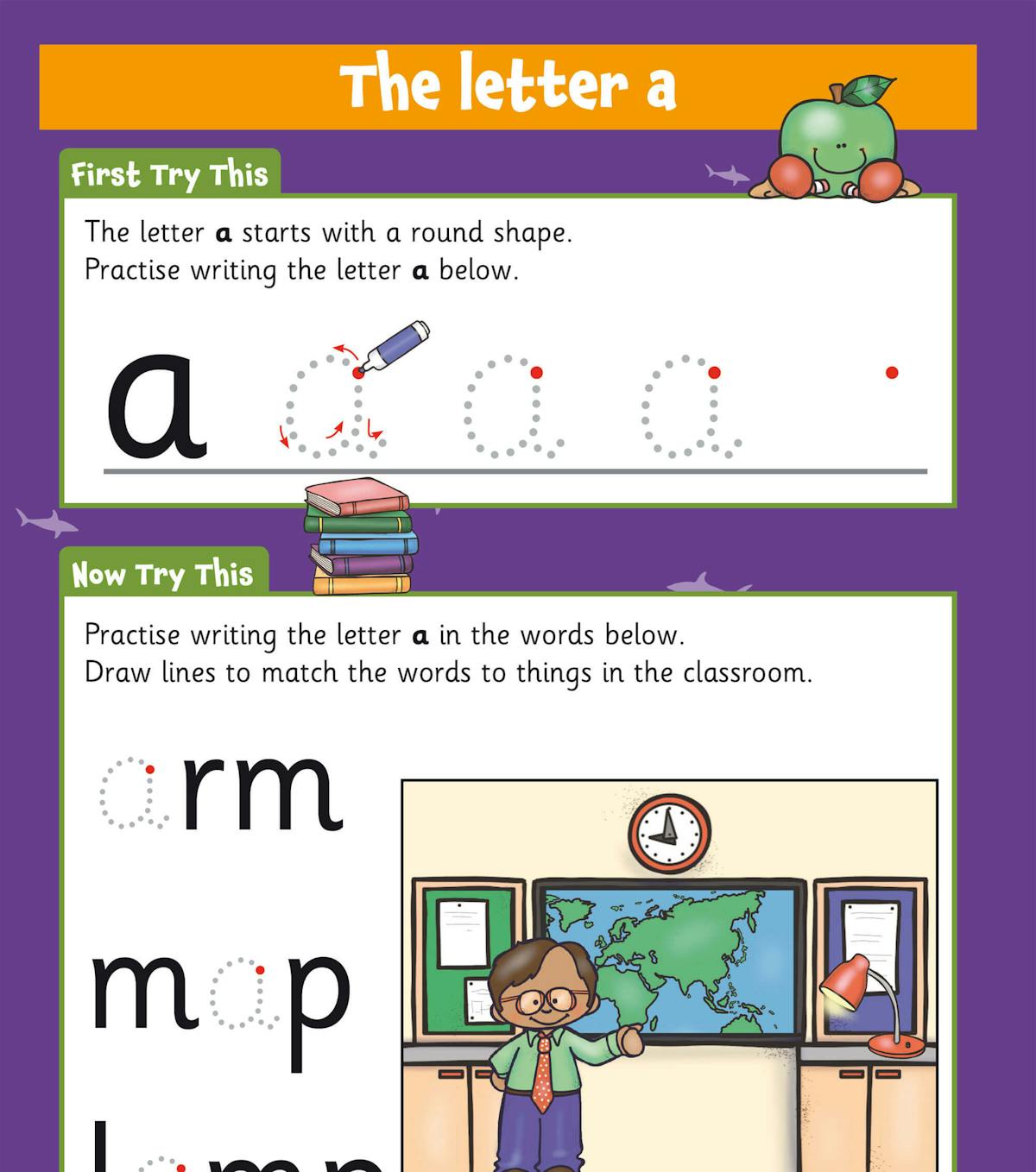 Letter formation practice page showing how to write the letter 'a' with guided tracing exercises