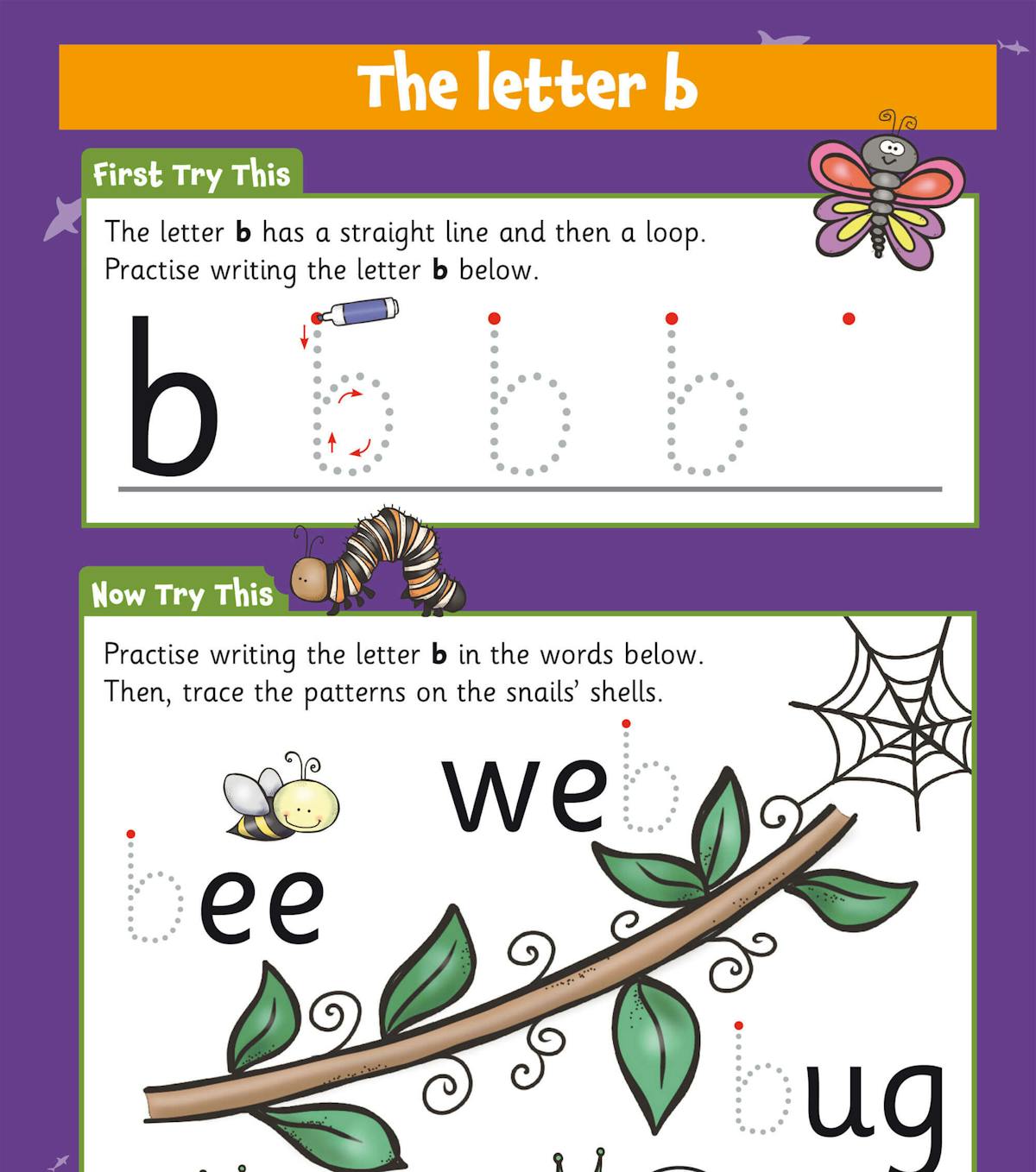 Letter 'b' practice page with tracing activities and creative exercises including pattern drawing