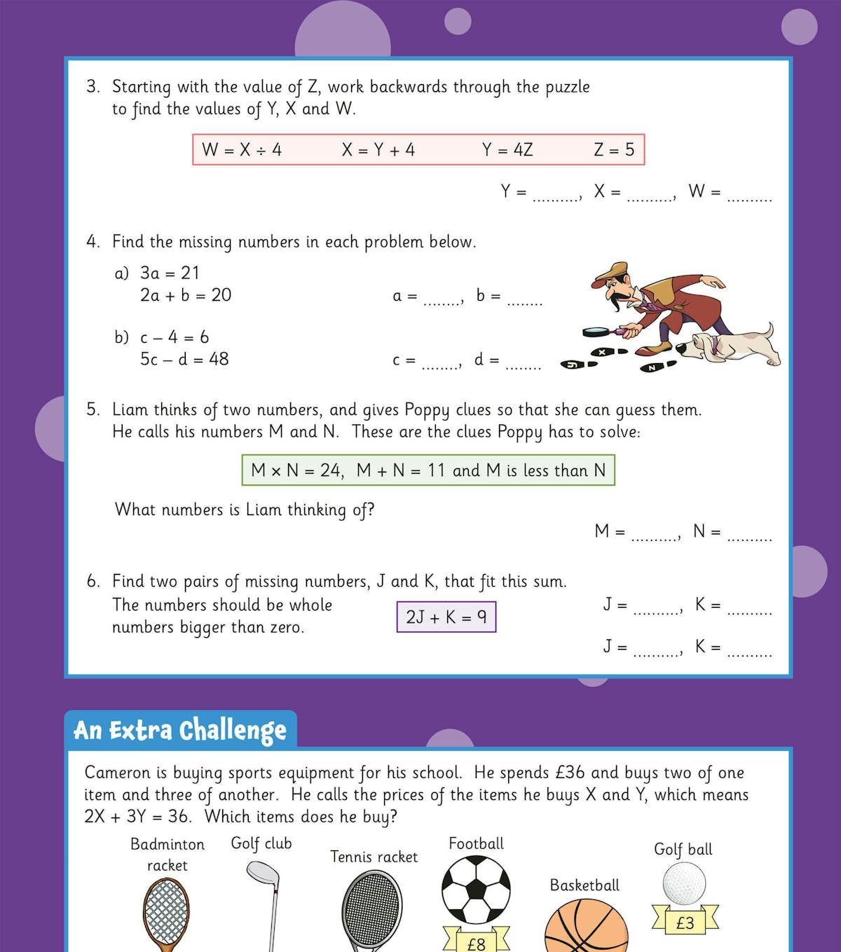 Practice questions and extra challenge activities on algebra