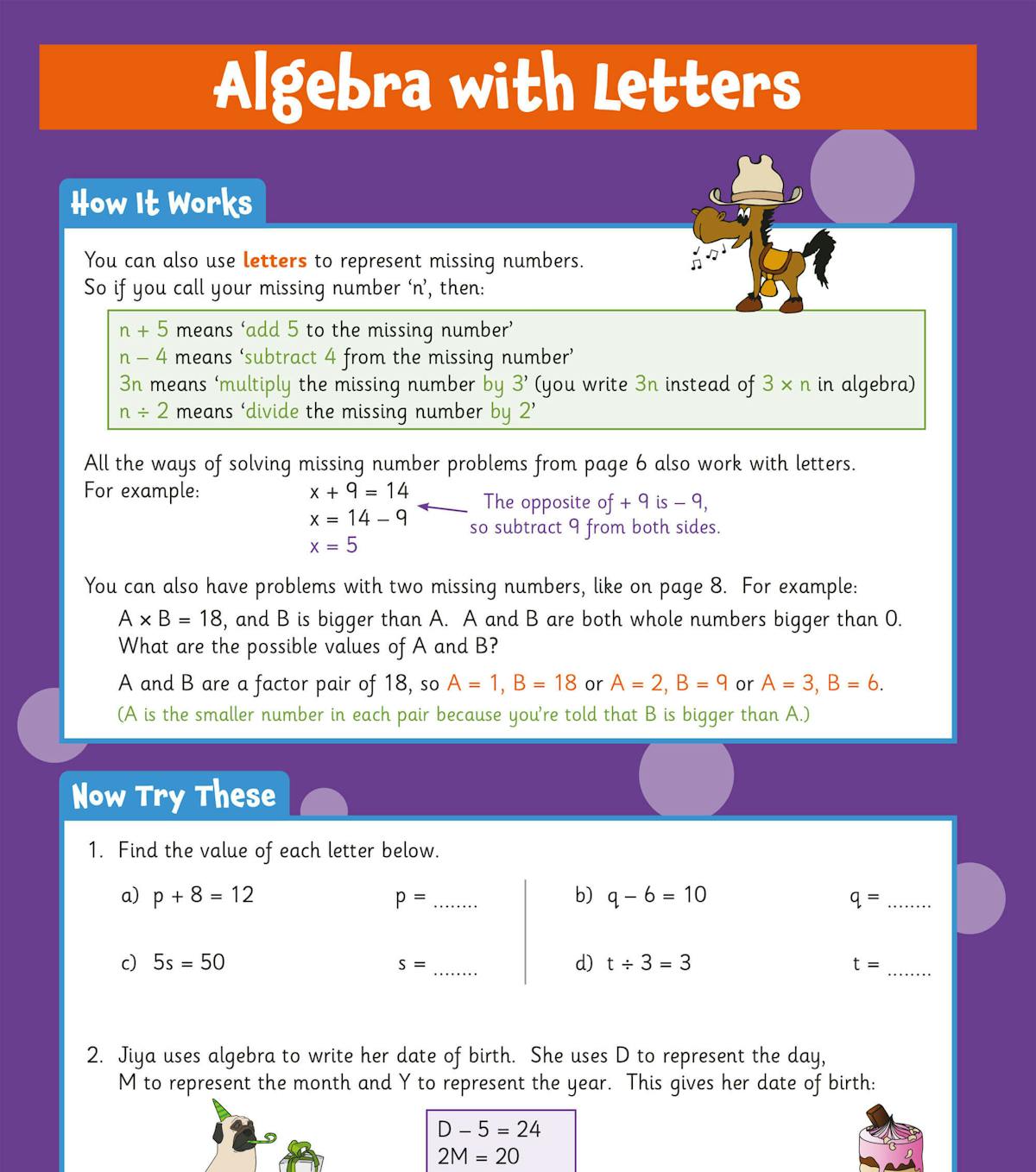Algebra with Letters explanation page showing how to use letters to represent missing numbers