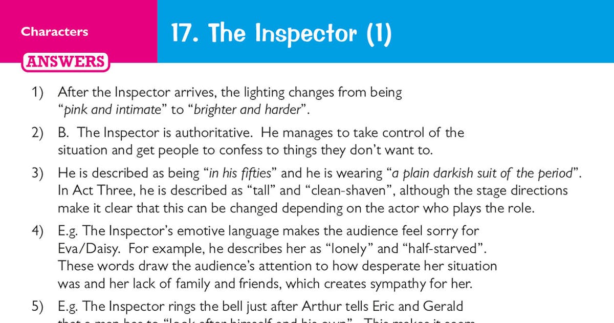 Sample question card showing Quick Questions and extended questions about the Inspector character