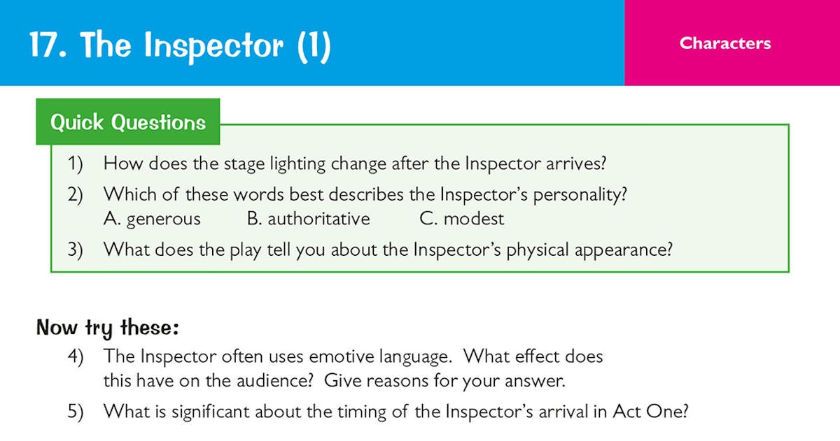 Answer side of a card showing detailed responses to questions about the Inspector's character and Priestley's use of stage directions