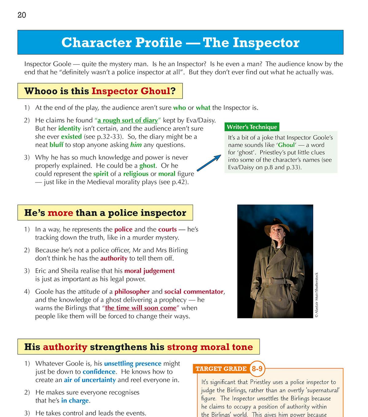 Character profile page showing analysis of Inspector Goole with writer's techniques and target grade tips